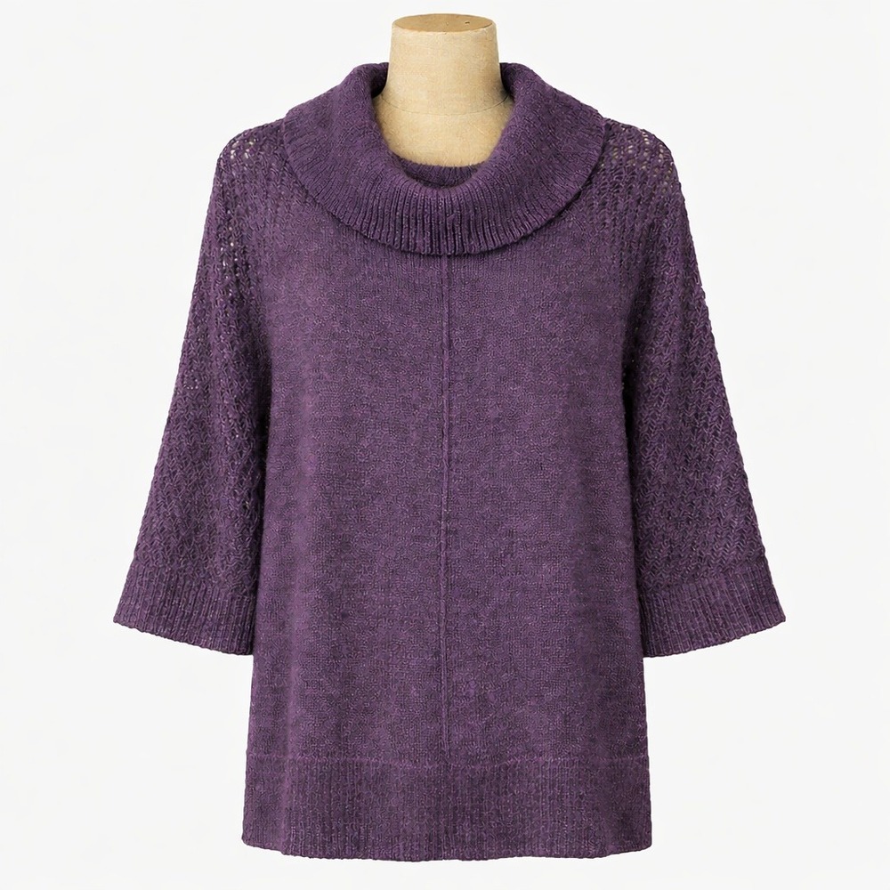 100% Alpaca Cowl Neck Sweater Size M Purple Lagenlook Quiet Luxury Old Money